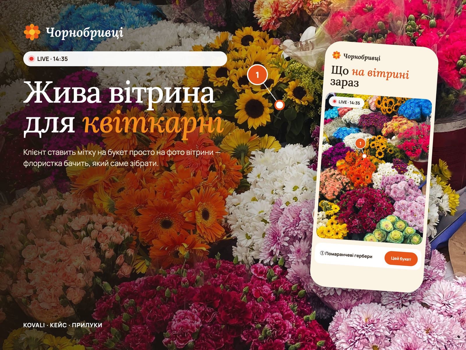Live Window with pins on the photo for a flower shop in Pryluky
