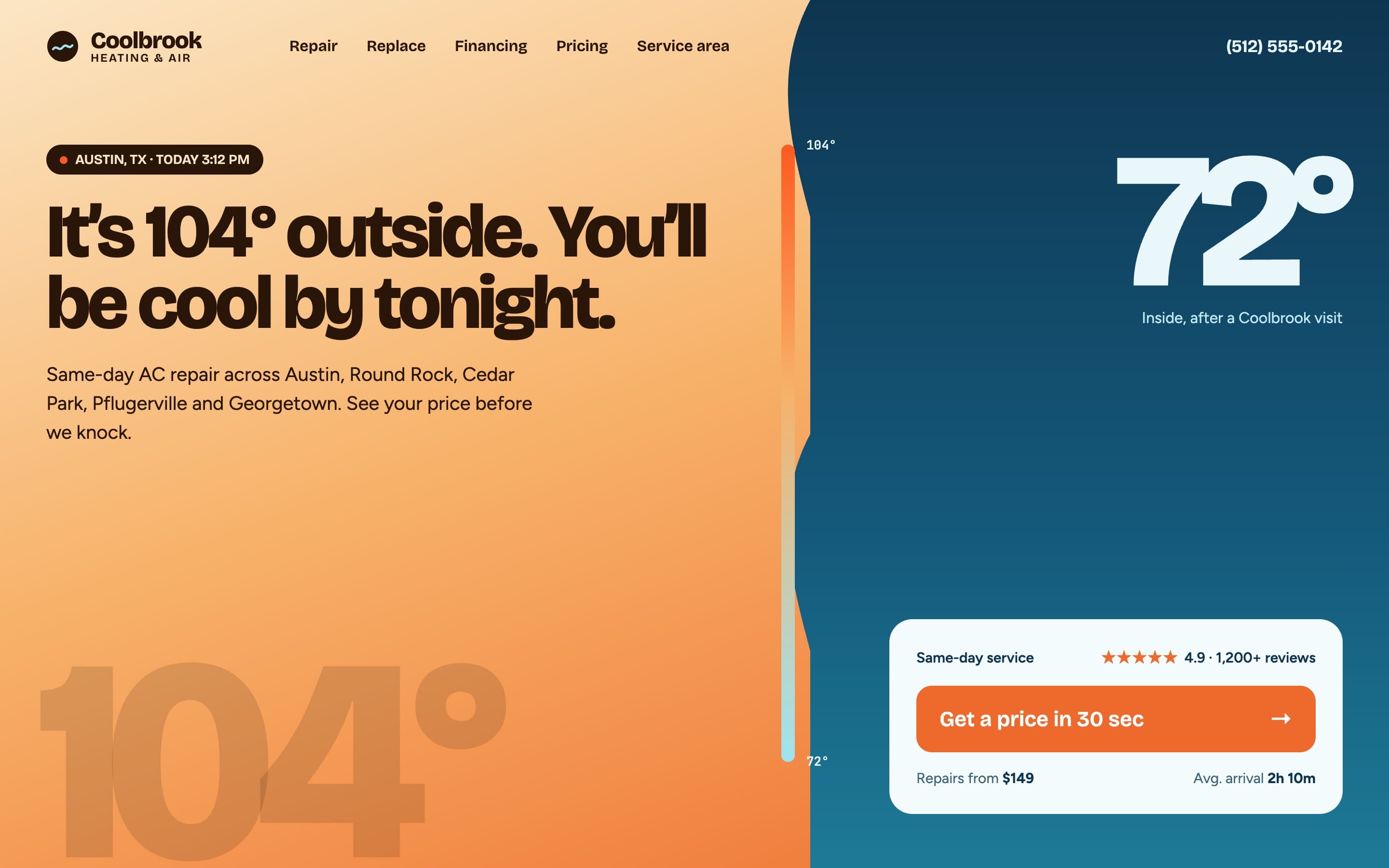 Coolbrook landing page hero: 104° outside, 72° inside