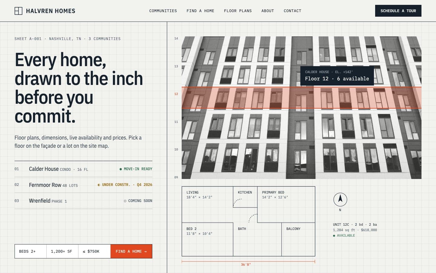 Halvren Homes home page with a floor picker on the façade