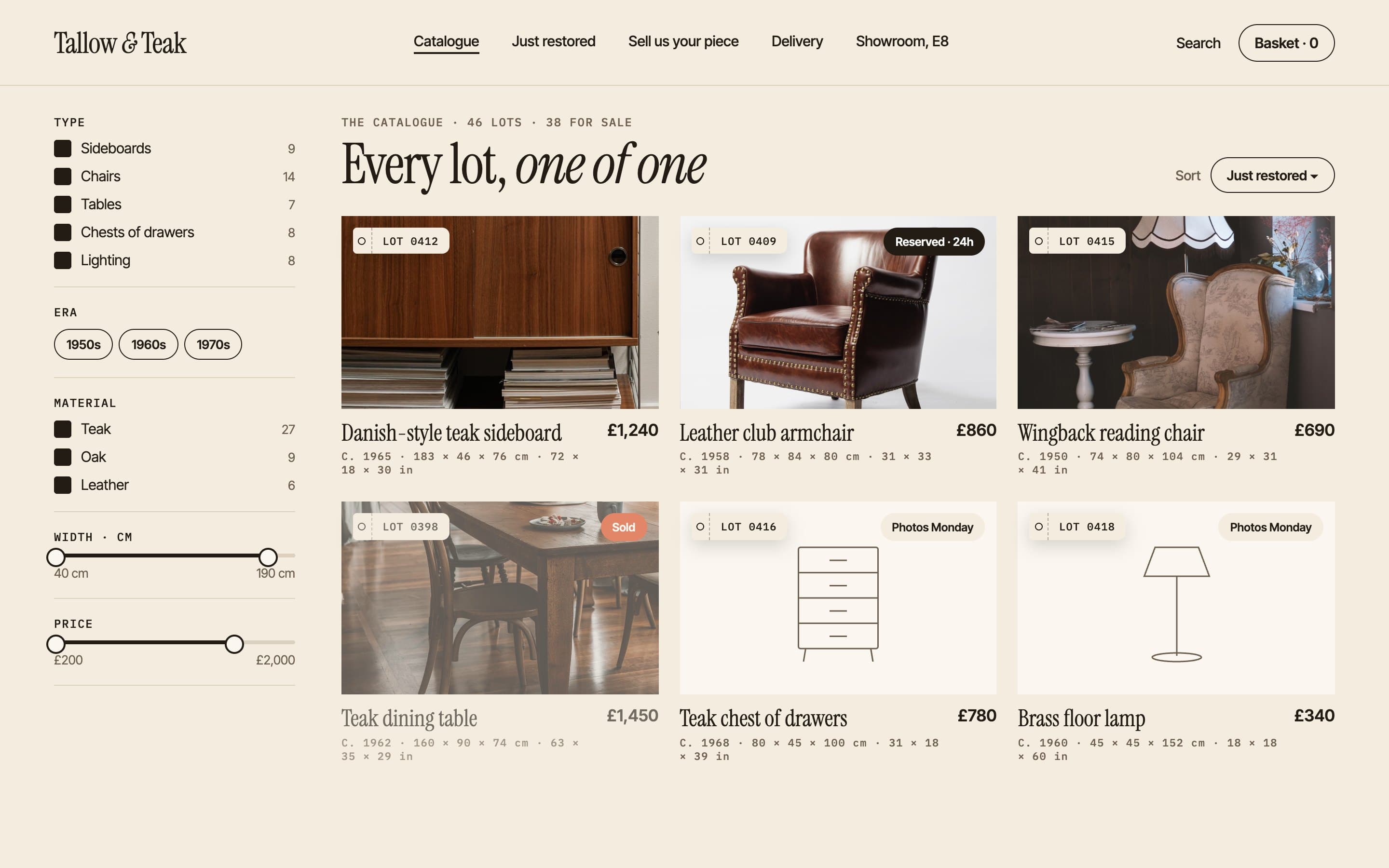 Catalogue of lots with measurements and statuses