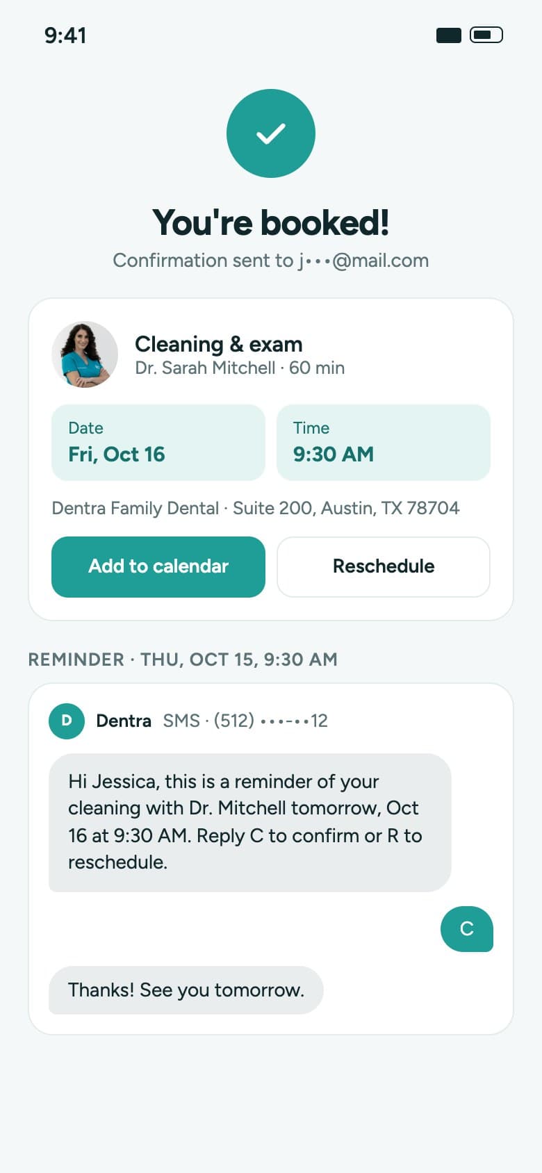 Booking confirmation and SMS reminder
