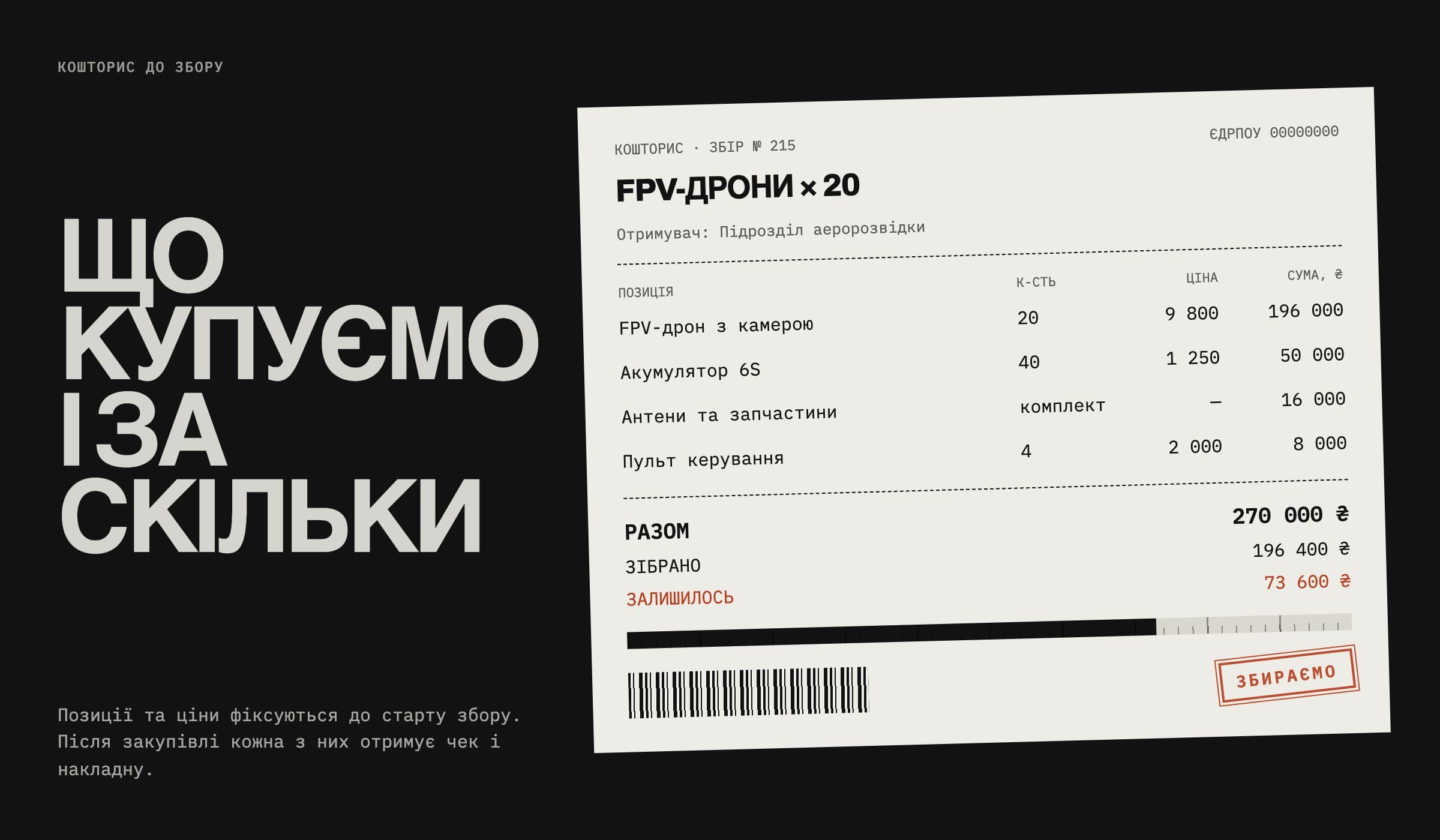 A fundraiser estimate styled as a receipt