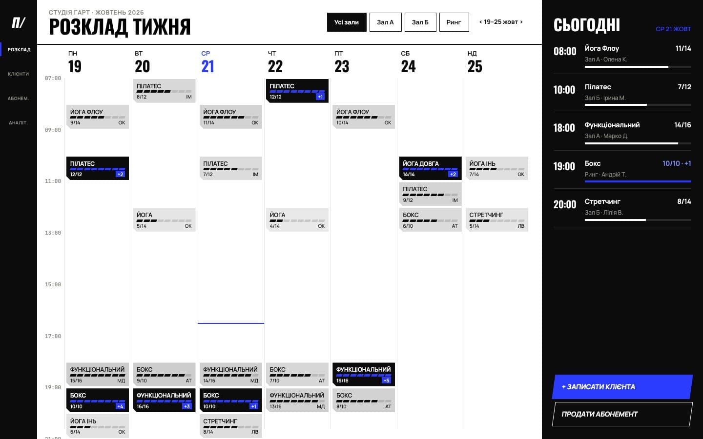 Weekly studio schedule with class occupancy