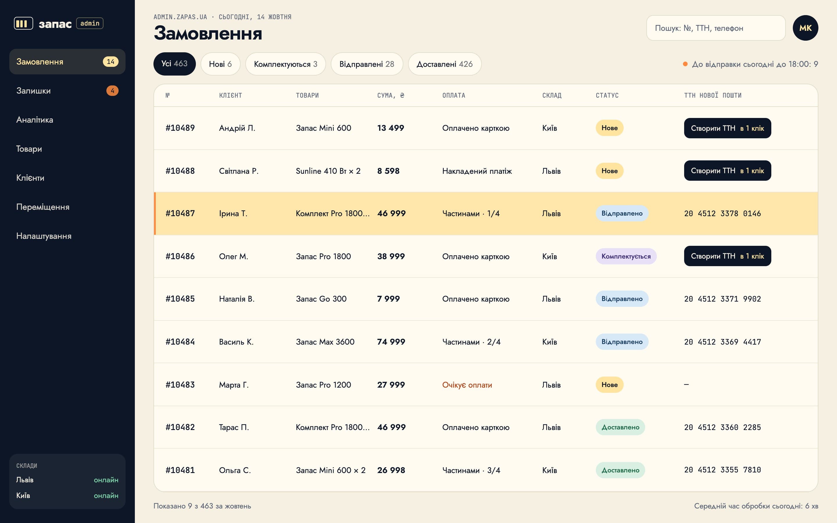 Orders with statuses and one-click waybills