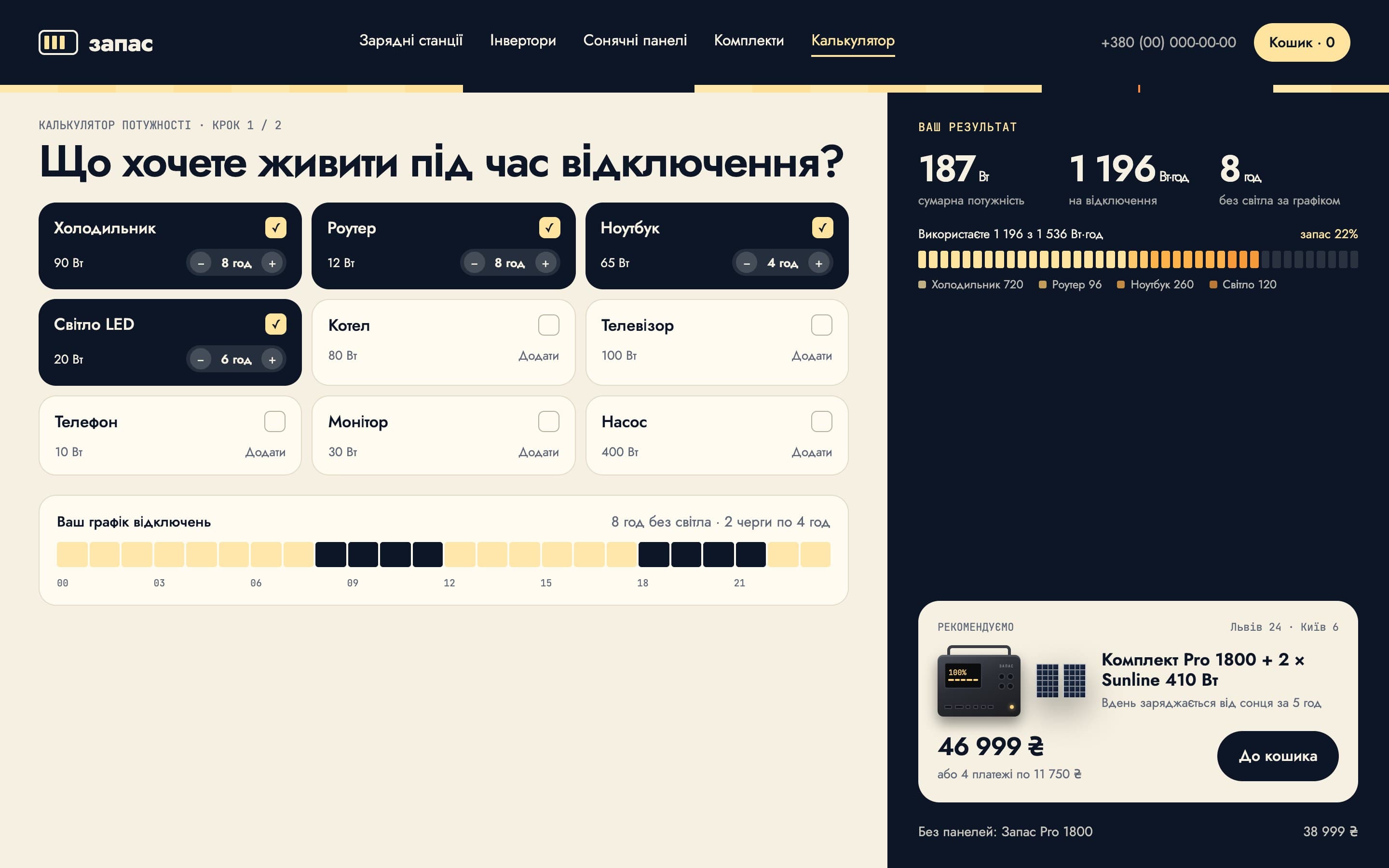 Power calculator with a recommended kit